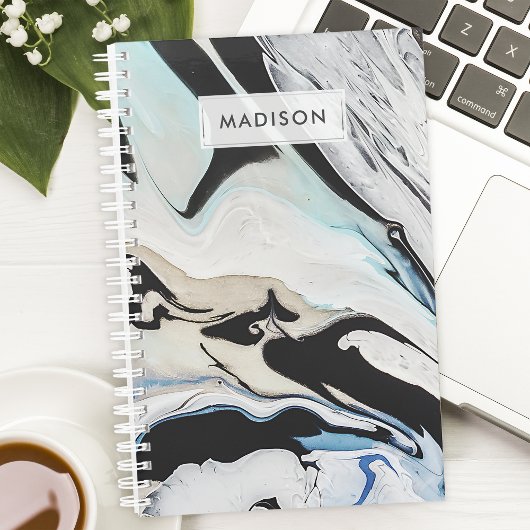 Zwart Blauw Modern Vloeibaar Inktmarmer Gepersonal Planner