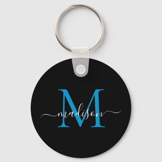 Zwart blauw monogram Naam Elegant modern script Sleutelhanger (Voorkant)