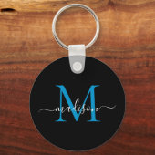 Zwart blauw monogram Naam Elegant modern script Sleutelhanger (Voorkant)