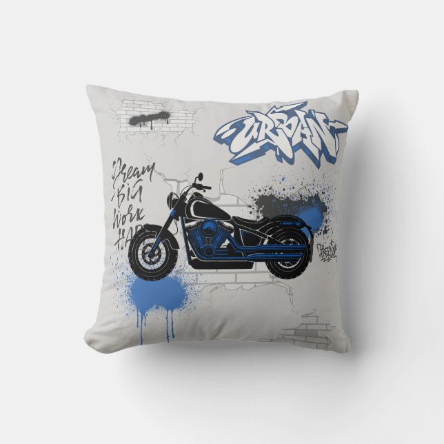 Zwart & blauw motorfiets graffiti grijs kussen (Voorkant)