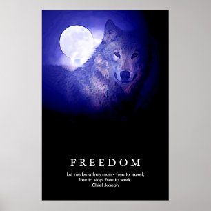 Zwart Blauw Nacht Wolf Fullmoon Vrijheid Poster