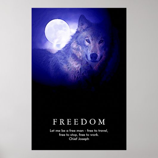 Zwart Blauw Nacht Wolf Fullmoon Vrijheid Poster (Voorkant)
