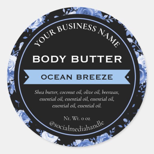 Zwart Blauw Ocean Breeze Roos Productlabels Ronde Sticker (Voorkant)