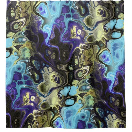 Zwart, blauw, olijfgroen abstract dye marmer douchegordijn (Voorkant)