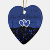 Zwart, blauw onze eerste kerstkeepaardse versierin keramisch ornament (Links)