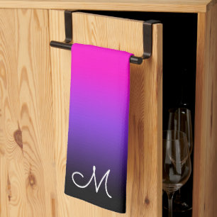 Zwart Blauw Paars en Neon Roze Ombre Monogram Theedoek
