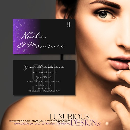 Zwart Blauw Paarse Glitter Sterren met Initialen C Visitekaartje