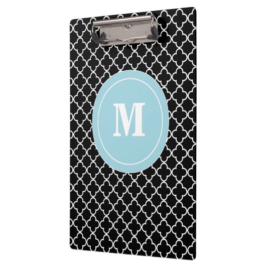 Zwart blauw Quatrefoil Monogram Klembord (Links)