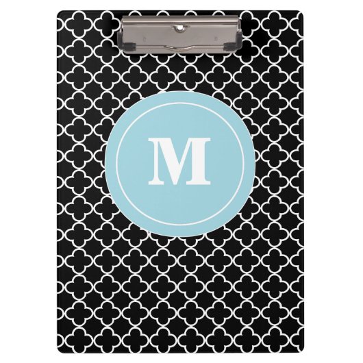 Zwart blauw Quatrefoil Monogram Klembord (Voorkant)