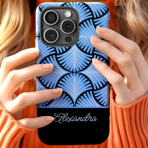Zwart Blauw Retro 1920s Gatsby Palms Script Naam iPhone 15 Case