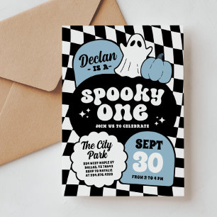Zwart Blauw Retro Checker Spooky One 1e Verjaardag Kaart
