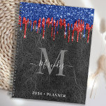 Zwart blauw rood glitter drift lederen monogram planner<br><div class="desc">Aangepaste monogram agenda-planner. Houd al uw afspraken en plan handig met onze moderne en elegante zwarte blauwe en rode glitterdruppels op faux lederen planner met gepersonaliseerd monogrammed initiaal en naam. Deze unieke planner is perfect voor de planning van de kantoor, het schoolprogramma, de gezinsplanning en de werkschema's voor bedrijven. Bekijk...</div>