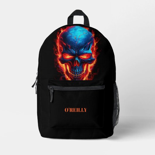 Zwart Blauw Rood Schedel Vlammen Modern Monogram Bedrukte Rugzak (Voorkant)
