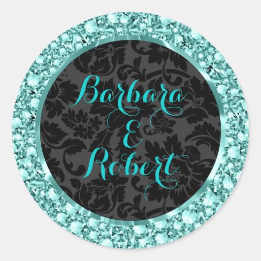 Zwart & Blauw Sparkling Diamonds Glitter Ronde Sticker (Voorkant)