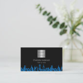 Zwart blauw stad skyline onroerend goed logo QR co Visitekaartje (Staand voorkant)