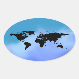 Zwart Blauw Wereldkaart Ovale Sticker
