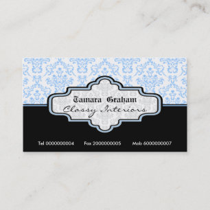 Zwart, blauw, wit damast interieur visitekaartje