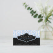 Zwart blauw wit damast interieur visitekaartjes (Staand voorkant)