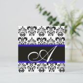 ZWART, BLAUW & WIT DAMAST MONOGRAM KAART (Staand voorkant)