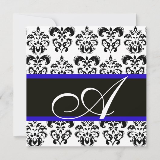 ZWART, BLAUW & WIT DAMAST MONOGRAM KAART (Voorkant)