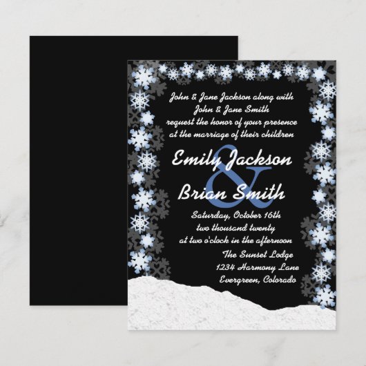 Zwart blauw wit sneeuwvlok aangepaste bruiloft uit kaart (Voorkant / Achterkant)
