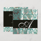 ZWART BLAUW WIT ZIJDE DAMAST STOF MONOGRAM KAART (Voorkant / Achterkant)
