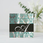 ZWART BLAUW WIT ZIJDE DAMAST STOF MONOGRAM KAART (Staand voorkant)