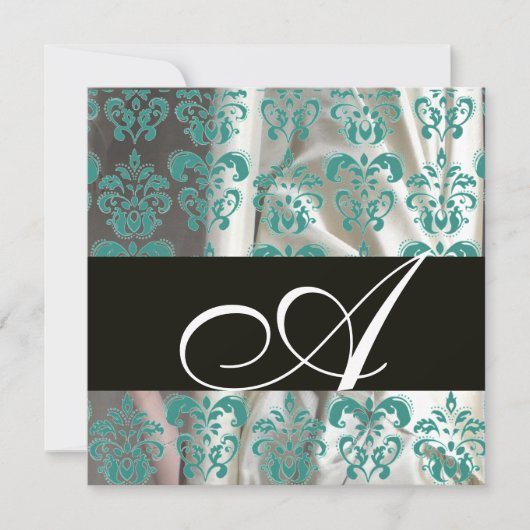 ZWART BLAUW WIT ZIJDE DAMAST STOF MONOGRAM KAART (Voorkant)