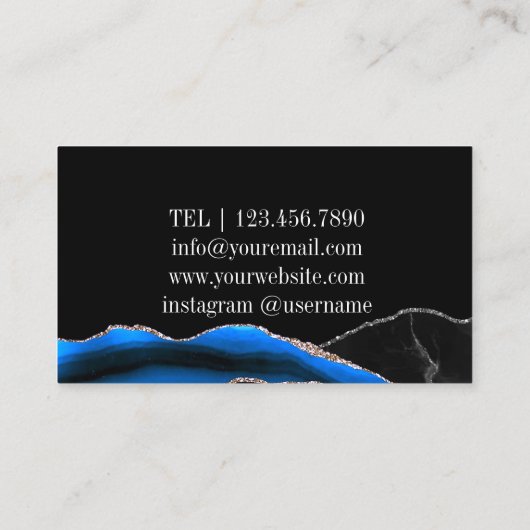 Zwart Blauw Zilver Initialen Agaat Glam Marmer Visitekaartje (Achterkant)