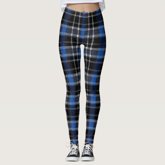 Zwart Blauw & Zilver Plaid Tartan Leggings (Voorkant)