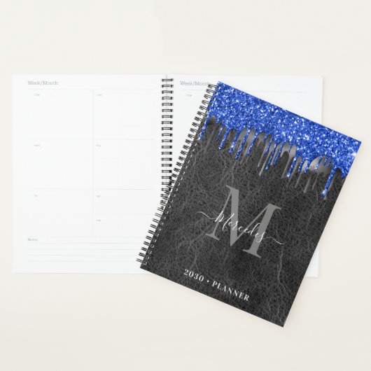 Zwart blauw zilveren glitter-drift lederen monogra planner (Display)