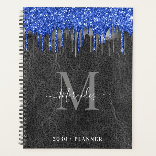 Zwart blauw zilveren glitter-drift lederen monogra planner (Voorkant)