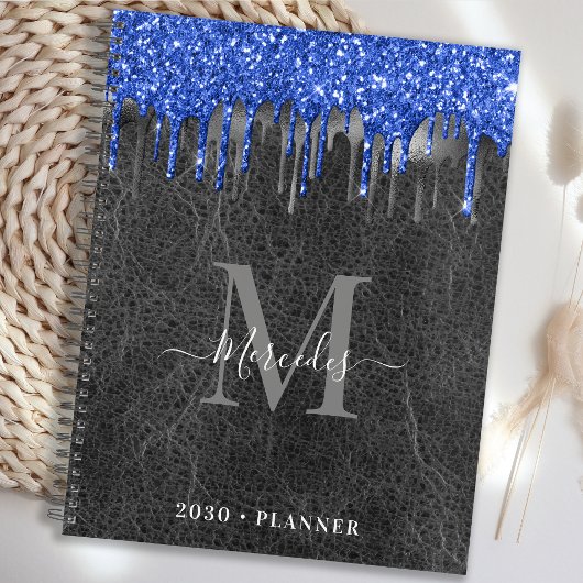 Zwart blauw zilveren glitter-drift lederen monogra planner