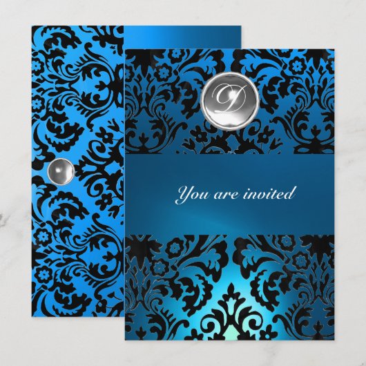 ZWART & BLAUWE DAMAST MONOGRAM edelsteen wit Kaart (Voorkant / Achterkant)