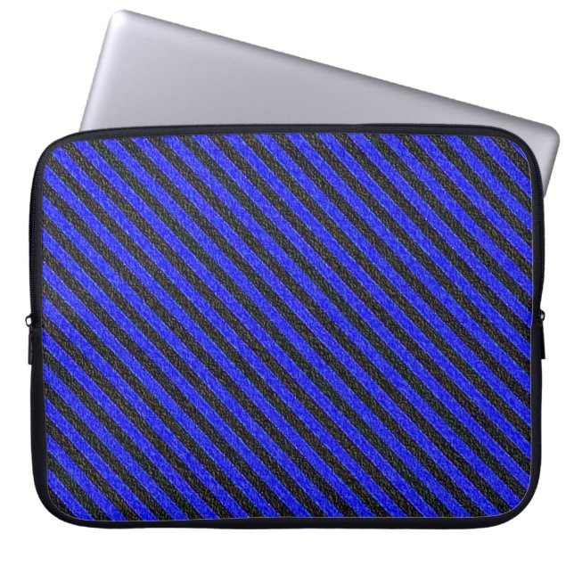Zwart-blauwe dun diagonaal strepen laptop sleeve (Voorkant)