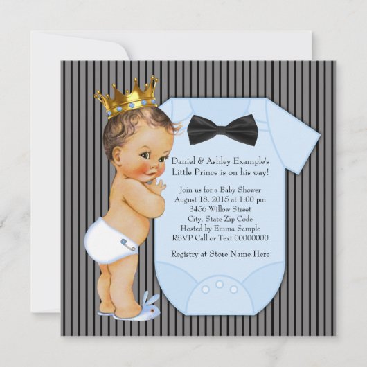Zwart-blauwe gestreepte prins baby shower kaart (Voorkant)