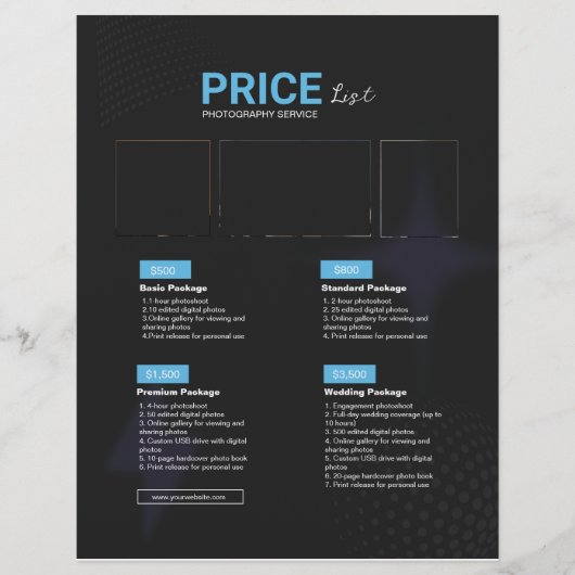 Zwart Blauwe Moderne Fotografie Service Prijslijst Flyer (Voorkant)