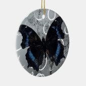 Zwart-blauwe vlinder op zilveren grond met cirkels keramisch ornament (Rechts)