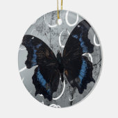 Zwart-blauwe vlinder op zilveren grond met cirkels keramisch ornament (Links)