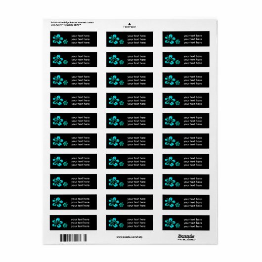 Zwart & Blauwgroen Blauw Hibiscus Bloemen Adreseti Etiket (Full Sheet)