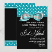 Zwart Blauwgroen Blauw Polka Dot Bat Mitzvah Kaart (Voorkant / Achterkant)