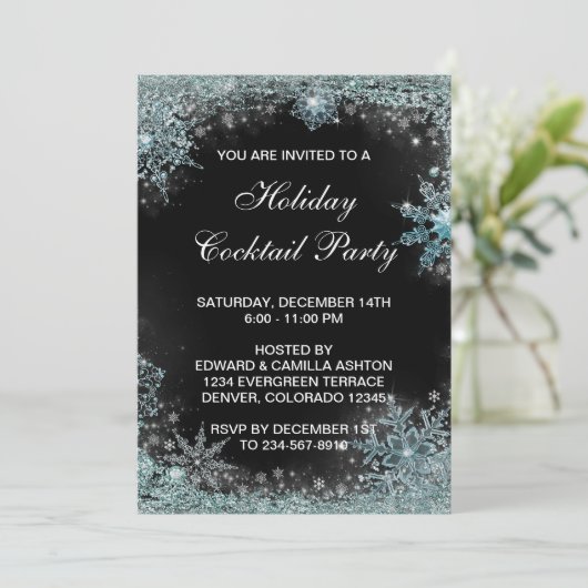 Zwart Blauwgroen Blauw Sneeuwvlok Kerstfeest Kaart (Staand voorkant)