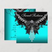 Zwart Blauwgroen Blauw Sweet Sixteen Verjaardagsfe Kaart (Voorkant / Achterkant)