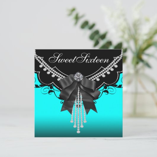 Zwart Blauwgroen Blauw Sweet Sixteen Verjaardagsfe Kaart (Staand voorkant)