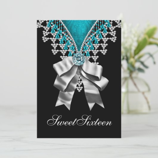 Zwart Blauwgroen Blauw Sweet Sixteen Verjaardagsfe Kaart (Staand voorkant)