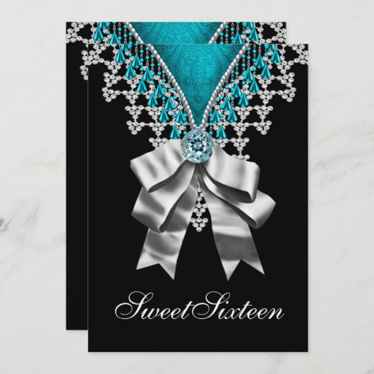 Zwart Blauwgroen Blauw Sweet Sixteen Verjaardagsfe Kaart (Voorkant / Achterkant)