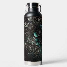 Zwart & Blauwgroen Bloemen Waterfles