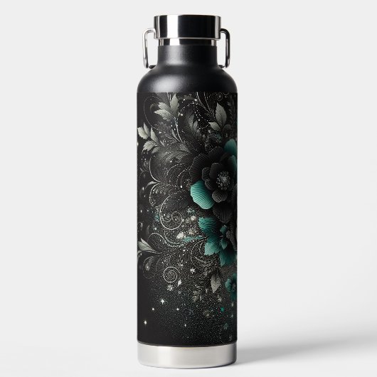 Zwart & Blauwgroen Bloemen Waterfles (Voorkant)