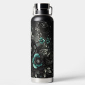 Zwart & Blauwgroen Bloemen Waterfles (Achterkant)