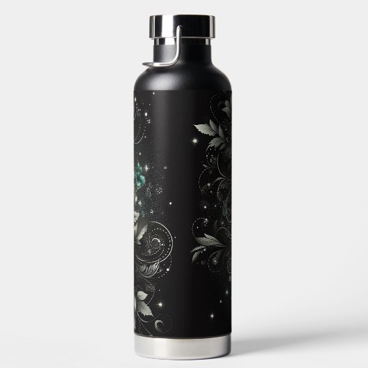 Zwart & Blauwgroen Bloemen Waterfles (Rechts)